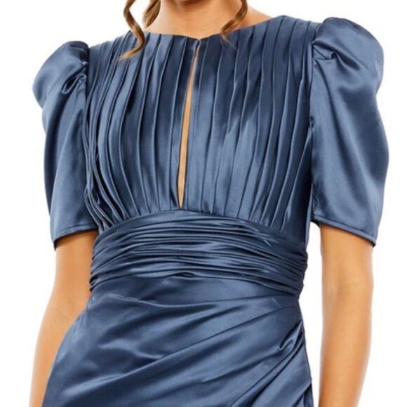 NWT Mac Duggal PUFF SLEEVE PLEATED BODICE DRAPED GOWN Blue 14 - Picture 5 of 15